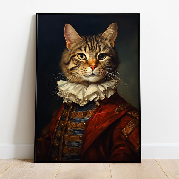 Katze Portrait Kunst Druck, Renaissance Katze Öl Gemälde, Tierkopf Menschlicher Körper, Viktorianische Katze Poster, Geschenk Katzenliebhaber, Katze Wand Kunst Dekor