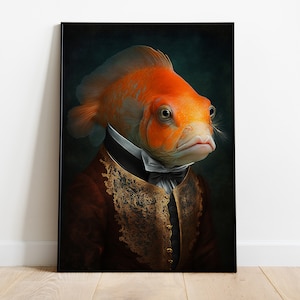 Fish Portrait Print, Renaissance Animal Painting, Baroque Orange Fish Artwork, Altered Art Poster, Animal Head Human Body, Fish Wall Art
