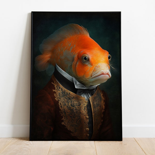 Fish Portrait Print, Renaissance Animal Painting, Baroque Orange Fish Artwork, Altered Art Poster, Animal Head Human Body, Fish Wall Art