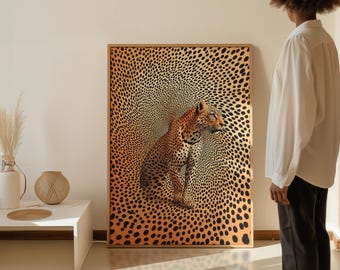 May include: A framed print of a leopard sitting in a swirling pattern of black spots on a light orange background.