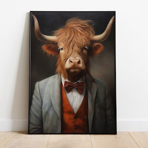 Highland Cow Portrait Print, Scotish Brown Cow Oil Painting, Animal Head Human Body Poster, Funny Animal Art, Scotland Cow Wall Decor