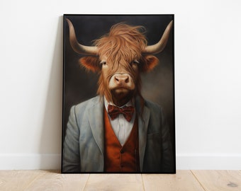Highland Cow Portrait Print: Funny Animal Art, Scotland Wall Decor