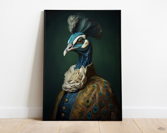 Victorian Peacock Portrait Print: Animal Head Human Body Wall Art