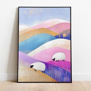 Sheep Print: Colorful Farmhouse Art, Pastoral Landscape Poster