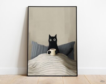Black Cat Coffee Wall Art - Minimalist Animal Print