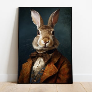Stampa di un ritratto di coniglio, dipinto a olio di un coniglio rinascimentale, opera d'arte retrò di un coniglio, poster di una testa di animale e del corpo umano, arte animale, decorazione da parete di un coniglio