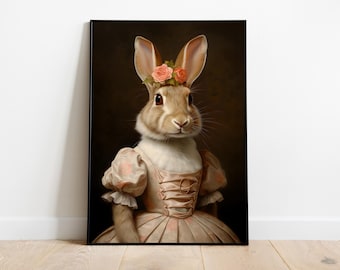 Rabbit Portrait – Regal Bunny Wall Art, Whimsical Animal Print, Vintage Decor