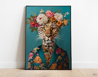 Floral Leopard Portrait Print: Eclectic Animal Wall Art