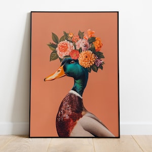 Duck Print, Eclectic Duck Poster, Colourful Flowery Duck Illustration, Animal Wall Art, Mallard Duck Artwork, Duck Lovers Gift