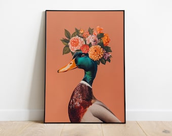 May include: A colorful floral crown sits atop the head of a mallard duck with a peach background.