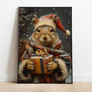 Christmas Print, Squirrel Winter Portrait Illustration, Festive Wall Art, Xmas Home Decor, Christmas Gift, Animal Head Human Body Poster