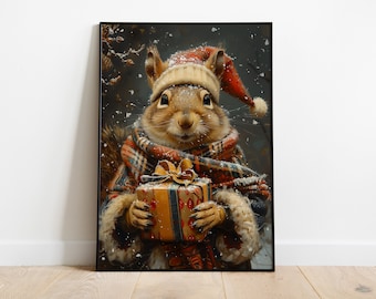 Squirrel Christmas Print: Festive Animal Portrait Wall Art