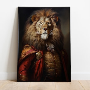 Lion Portrait Print, Renaissance Lion Oil Painting, Vintage Lion Wall Art, Animal Head Human Body Poster, Lion Lovers Gift, Wildlife Decor