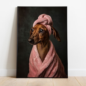 Dachshund Wall Art, Dachshund Dog in Bathrobe Poster, Animal Head Human Body Artwork, Dog Art, Dachshund Lover Gift, Dog Bathroom Decor