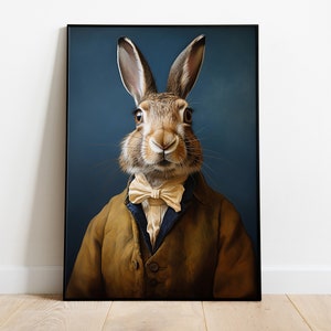 Hase Portrait Druck, Vintage Hase Ölgemälde, Renaissance Hase Poster, Tierkopf Menschlicher Körper Kunstwerk, Lustige Tierkunst, Hase Wanddekoration
