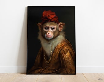 Renaissance Monkey Portrait Print: Victorian Animal Wall Art
