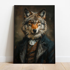 Wolf Wall Art , Renaissance Wolf Oil Painting, Vintage Wolf Portrait Print, Animal Head Human Body Poster, Funny Animal Art, Wolf Home Decor