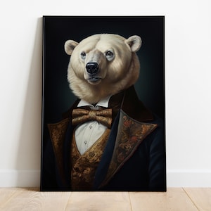 Polar Bear Portrait Print, Renaissance White Bear Oil Painting, Vintage Polar Bear Artwork, Animal Head Human Body Poster, Bear Wall Decor