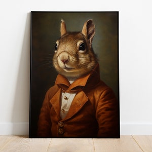 Squirrel Print, Renaissance Squirrel Portrait Oil Painting, Vintage Squirrel Artwork, Animal Head Human Body Poster, Squirrel Wall Art Decor