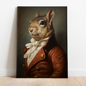 Squirrel Portrait Print, Renaissance Squirrel Oil Painting, Vintage Squirrel Artwork, Animal Head Human Body Poster, Squirrel Wall Art Decor