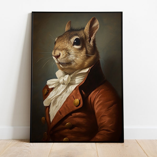 Squirrel Portrait Print, Renaissance Squirrel Oil Painting, Vintage Squirrel Artwork, Animal Head Human Body Poster, Squirrel Wall Art Decor