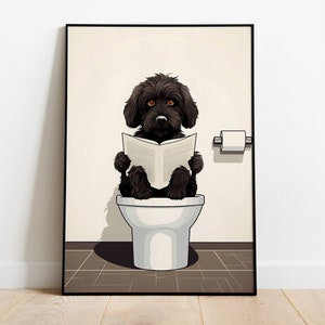 May include: A black dog sitting on a white toilet, reading a newspaper. The dog is wearing a serious expression and has a roll of toilet paper on the wall behind it.