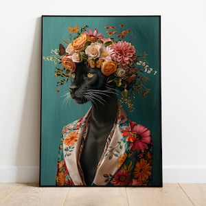 Impressão de Pantera Negra, pôster eclético de Pantera, ilustração maximalista de Pantera, arte de parede de corpo humano com cabeça de animal, presente para amantes de Pantera Negra