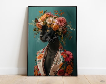 Black Panther Floral Crown Print: Eclectic Animal Wall Art