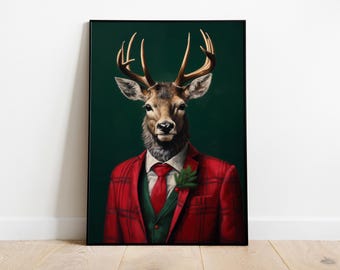 Christmas Stag Portrait Print, Festive Holiday Wall Art