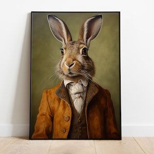 Stampa di un ritratto di lepre, dipinto a olio di lepre rinascimentale, opera d'arte di lepre d'epoca, poster di testa di animale e corpo umano, arte di animali divertenti, decorazione da parete di lepre