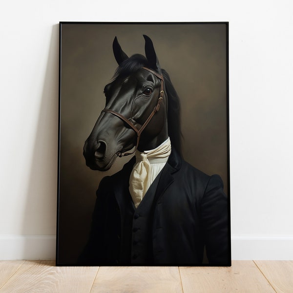 Impression portrait cheval noir, peinture cheval Renaissance, art mural cheval vintage, affiche tête d'animal corps humain, cadeau pour amoureux des chevaux, décoration cheval