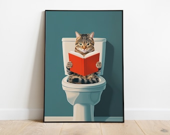 Funny Cat Bathroom Print: Kitten Reading on Toilet Wall Art