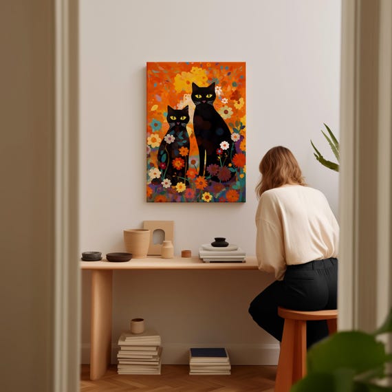 Arte De Pared De Gato Negro Para Decoración De Baño, Arte De Pared Lindo De Gato, Arte De Pared, Paisaje De Flores Silvestres, Pintura, Decoración De La Naturaleza Para Baño, Dormitorio