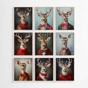 Conjunto de impresiones navideñas, retrato de reno, pintura al óleo, arte mural imprimible navideño, decoración navideña para el hogar, decoraciones navideñas, descarga digital