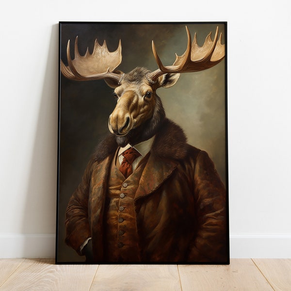 Moose Portrait Print, Renaissance Moose Oil Painting, Vintage Moose Artwork, Animal Head Human Body Poster, Funny Animal Art, Moose Decor