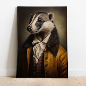 Impresión de retrato de tejón, pintura al óleo de tejón renacentista, obra de arte vintage de tejón, póster de cabeza de animal y cuerpo humano, decoración de pared de tejón, arte animal