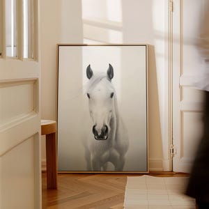 White Horse Canvas Art Print, Ethereal Horse Portrait Framed Canvas, Misty Background Horse, Modern Animal Wall Decor, Horse Lover Gift
