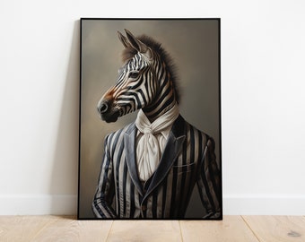 Zebra Portrait Print, Renaissance Zebra Poster, Vintage Zebra Artwork, Animal Head Human Body, Zebra Lovers Gift, Zebra Wall Art Decor