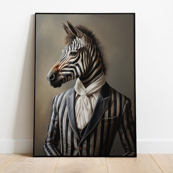 Zebra Portrait Print, Renaissance Zebra Poster, Vintage Zebra Artwork, Animal Head Human Body, Zebra Lovers Gift, Zebra Wall Art Decor