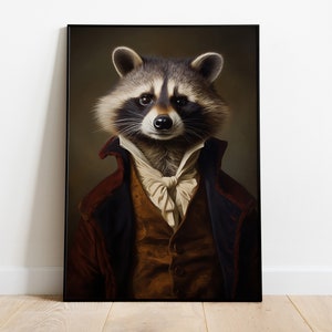 Arte murale con procione, stampa vintage con procione, dipinto a olio rinascimentale con procione, poster con testa di animale e corpo umano, arte animale, decorazione murale con procione