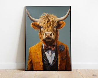Elegant Highland Cow Portrait Print: Funny Animal Wall Art
