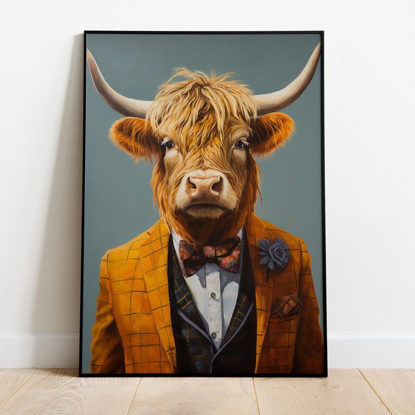 Impression élégante vache Highland, affiche portrait de vache brune, oeuvre tête d'animal corps humain, art animalier vache drôle, vache d'Ecosse Art mural