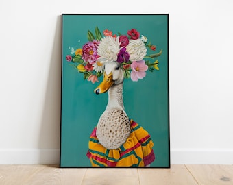 Impresión de retrato de pato floral: arte mural animal ecléctico