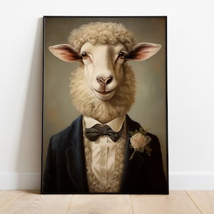 Impressão vintage de retrato de ovelha: Arte com cabeça de animal e corpo humano