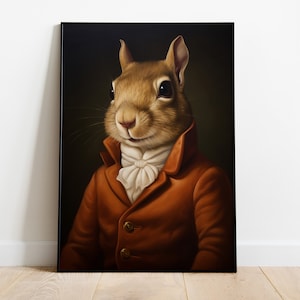 Squirrel Portrait Print, Renaissance Squirrel Poster, Vintage Squirrel Artwork, Animal Head Human Body Oil Painting, Squirrel Wall Art Decor