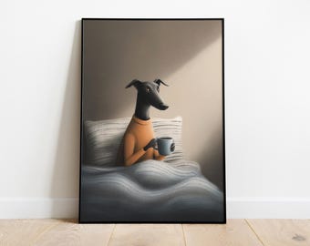 Greyhound Morning Coffee Dog Wall Art | Whippet Illustration Print