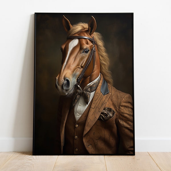 Horse Portrait Print, Renaissance Horse Oil Painting, Vintage Brown Horse Artwork, Animal Head Human Body Poster, Horse Wall Art Decor