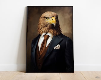 Dressed Eagle Portrait Print: Anthropomorphic Animal Wall Art