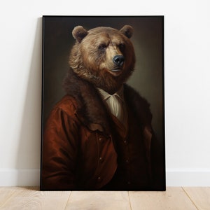 Bear Portrait Print, Renaissance Bear Oil Painting, Vintage Bear Artwork, Animal Head Human Body Poster, Funny Animal Art, Bear Wall Decor