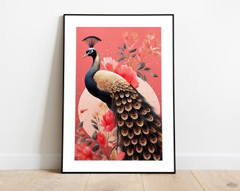 Vintage Peacock Art Print: Vibrant Pink Home Decor